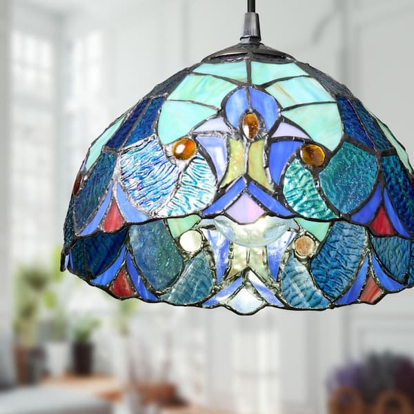 Halston 40-Watt 1-Light Black Shaded Pendant Light with Colored Stained Glass Shade