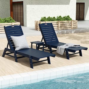 Laguna Navy Blue 3Piece All Weather Fade Proof HDPE Plastic Outdoor Patio Reclining Chaise Lounge Chairs, Side Table Set