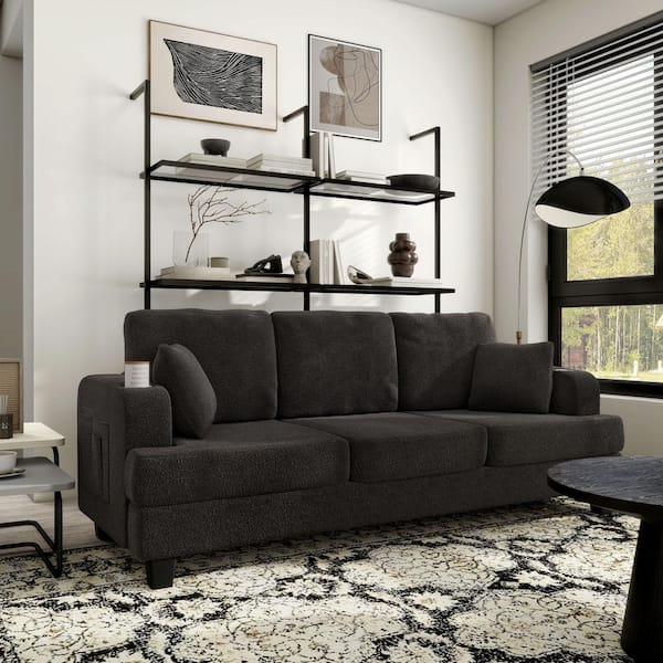 Furniture of America Colby 84.3 in. Track Arm Boucle Fabric Rectangle Small Space Sofa In Dark Gray With USB Ports and Cup Holders
