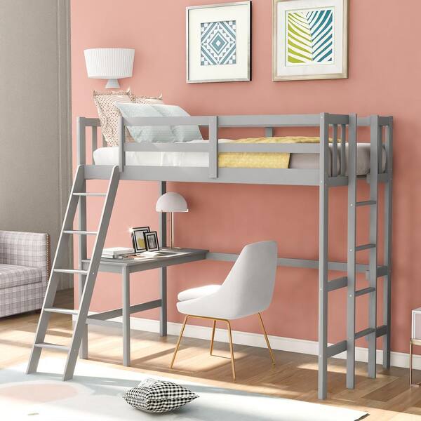 Godeer Gray Twin Loft Bed With Desk And Two Ladders Sm000220aae The Home Depot Godeer Gray Twin Loft Bed With Desk And Two Ladders Sm000220aae The Home Depot