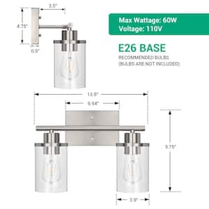 9.75 in. Tall, 13.9 in. W 2-Light Brushed Nickel Vanity Light with Clear Glass Shade