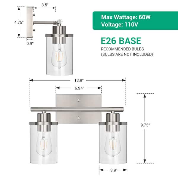 9.75 in. Tall, 13.9 in. W 2-Light Brushed Nickel Vanity Light with Clear Glass Shade