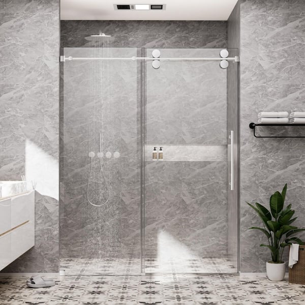 60 in. W x 80 in. H Single Sliding Frameless Shower Door in Chrome with Smooth Sliding and 3/8 in. SGCC Clear Glass