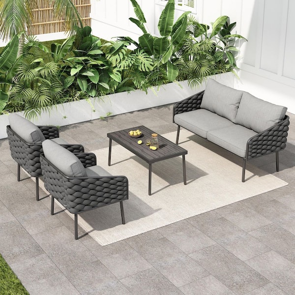 Gray 4-Piece Metal Outdoor Patio Conversation Set with Dark Gray Cushions 1 Loveseat 2 Chairs and Table
