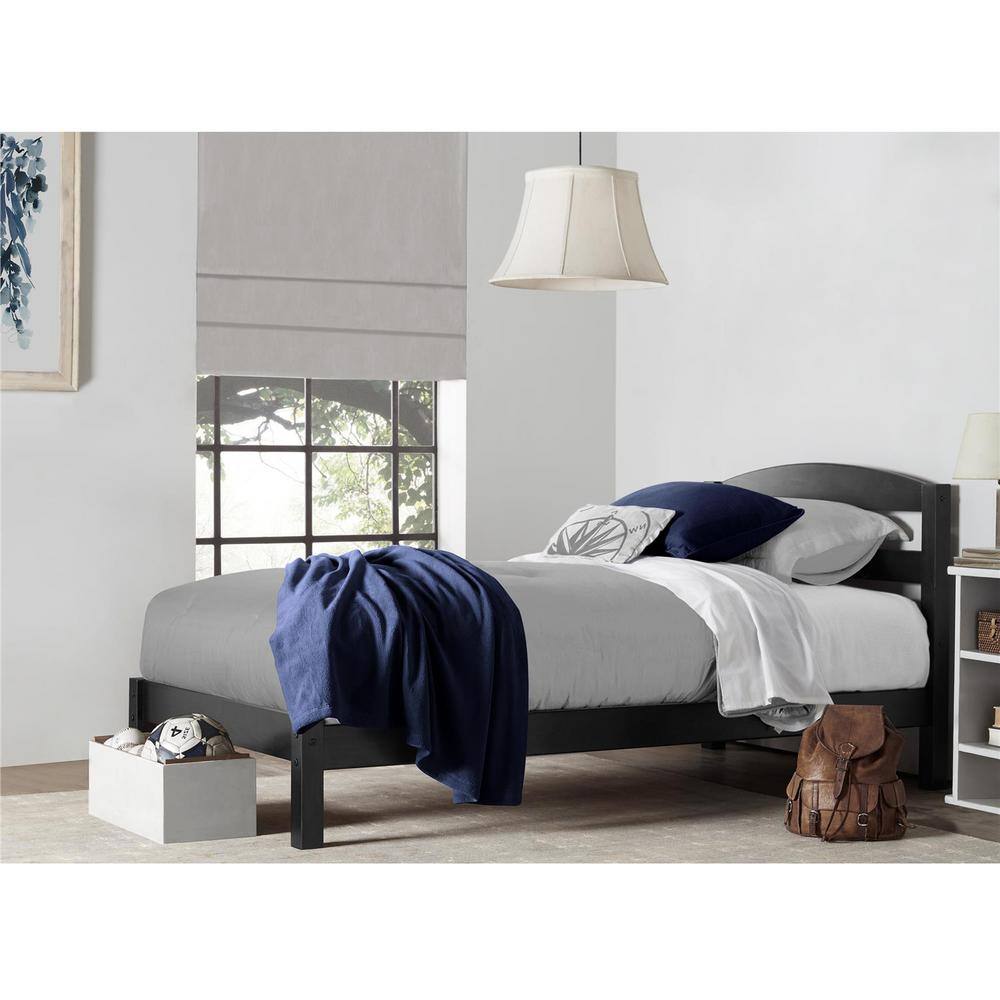 Braylon Minimalist Black Pine Twin Platform Bed with Headboard