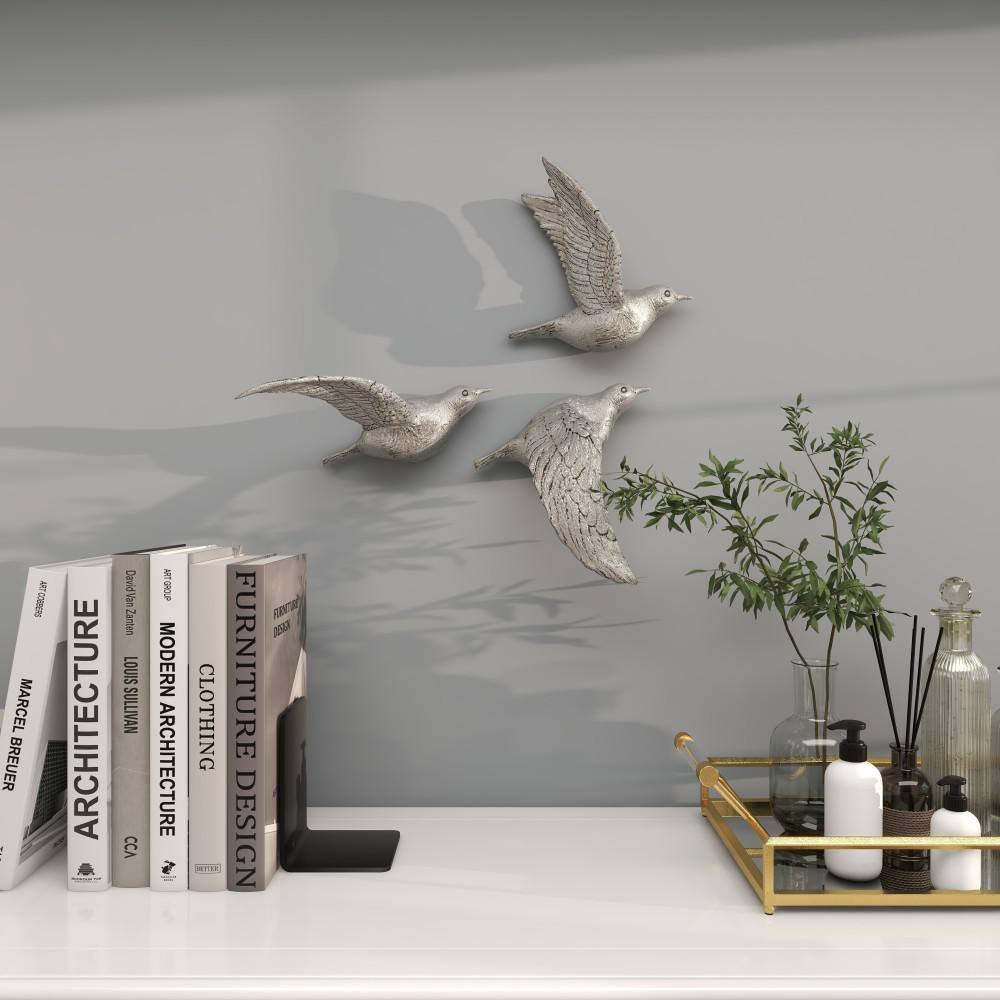 Silver Polystone Bird Wall Sculpture Set of 3