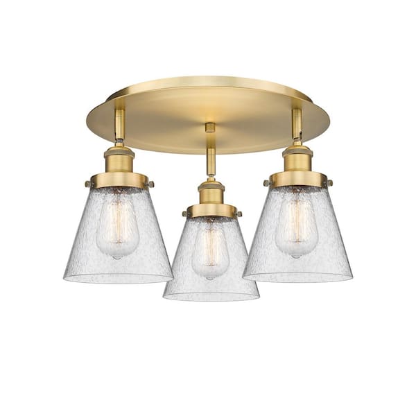 Cone 18 in. 3-Light Brushed Brass Art Nouveau Flush Mount with Seeded Glass Shade