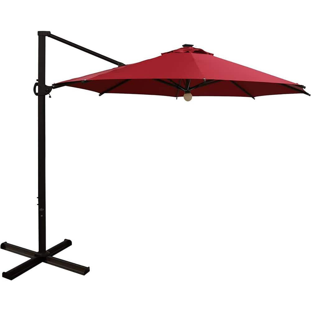 11 ft. Solar LED Cantilever Umbrella Patio Umbrella in Dark Red with Cross 