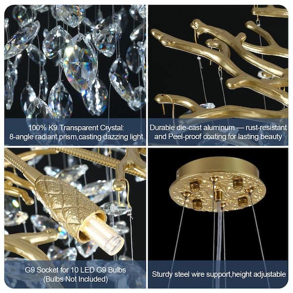 PUYRNF 40 in. 14-Light Dimmable Gold Tree Branch Chandelier