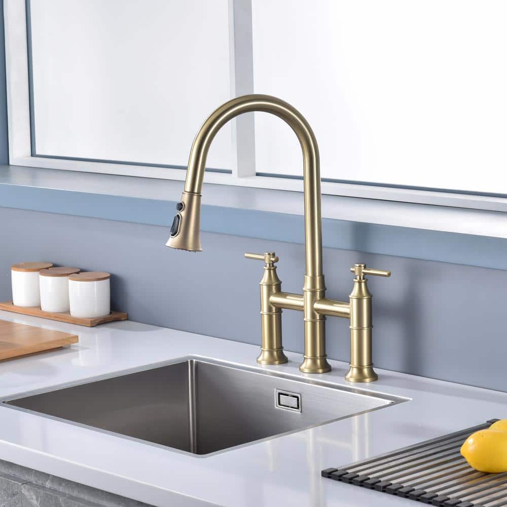 Brushed Gold Stainless Steel Bridge Kitchen Faucet with Pull-Out Spray