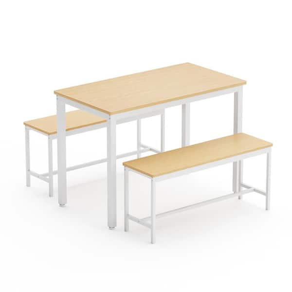 SUNRINX White and Natural 30 in. Dining Table Set with Benches