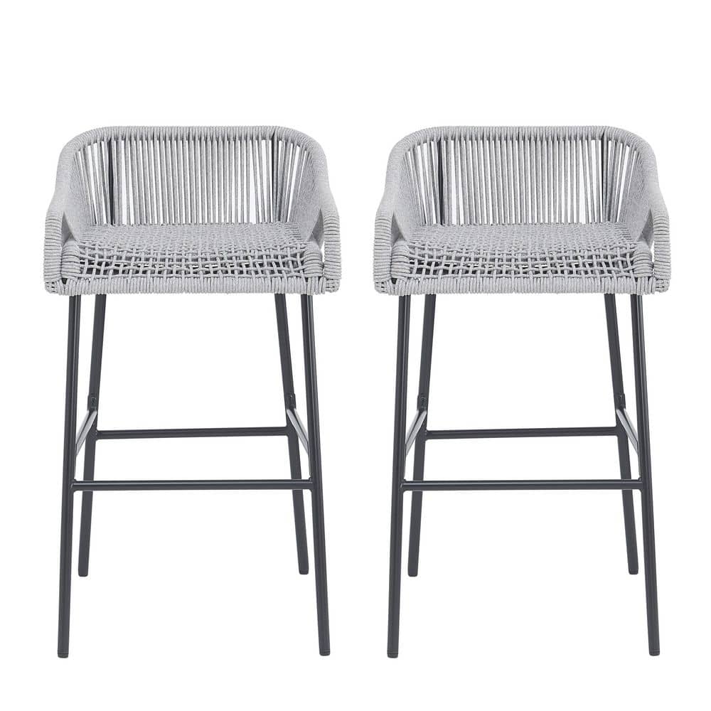 Light Gray Metal All-Weather Outdoor Bar Stool Patio Rope Dining Chairs for Deck, Garden, Poolside (2-Pack) price history on PriceWatchPro