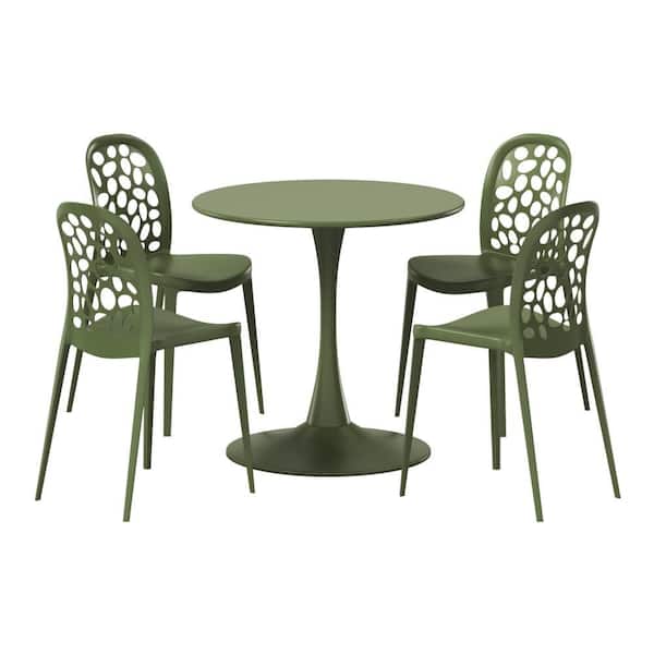 WESTIN OUTDOOR Frond and Form Outdoor Patio Modern 5-Piece Round HDPE Plastic Dining Table Set with Stackable Chairs, Olive Green