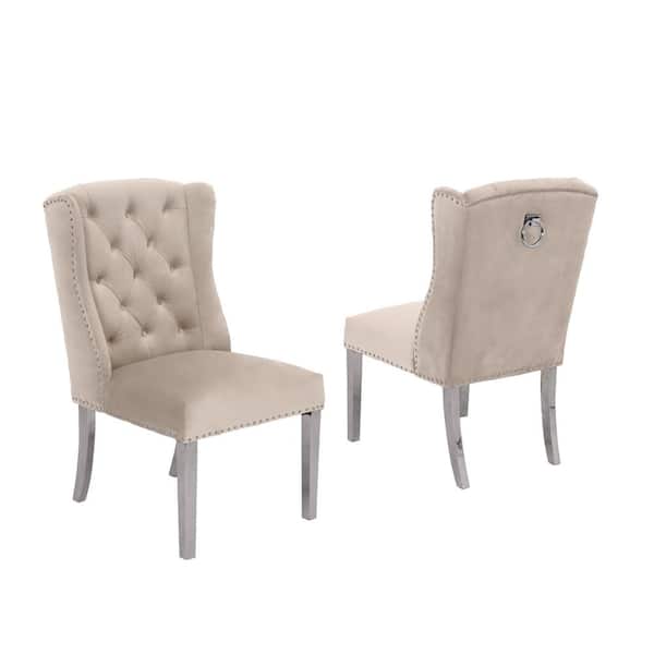 Best Quality Furniture Ali Beige Velvet Stainless Steel Dining Chairs (Set of 2)