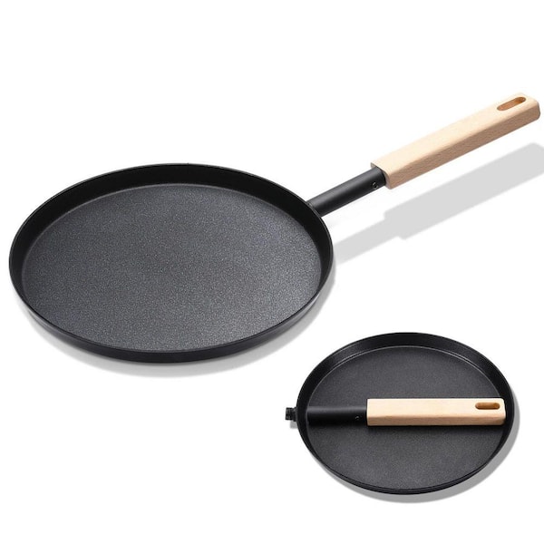 Black Kitchen Tools 8 in. Flat Crepe Pan Nonstick Aluminum Grill Pan with Detachable Wooden Handle for Indoor Outdoor