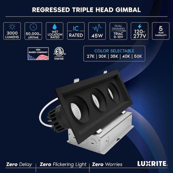 3-Head Integrated LED Rectangular Black Regressed Gimbal Recessed Light, 360°+15° Swivel, 5CCT, 45W, 3000LM, Dimmable