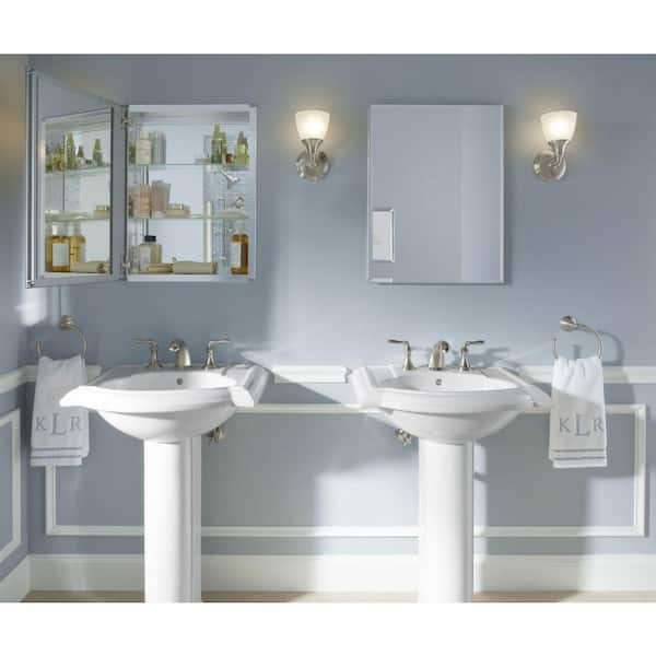 Pedestal Sink with Blue Inset Framed Medicine Cabinet - Cottage - Bathroom
