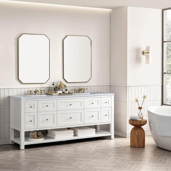 James Martin Vanities Breckenridge 72.0 in. W x 23.5 in. D x 34.2 in. H Bathroom Vanity in Bright White with Carrara Marble Marble Top