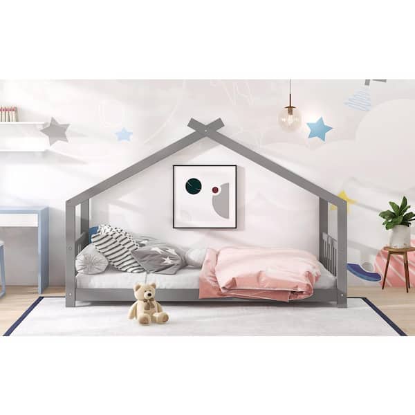 Plasticiteit Golven geest ANBAZAR Gray Twin Size Toddlers House Bed with Headboard and Footbard, Wood  House Shape Floor Kids Capony Bed Frame 01220ANNA-E - The Home Depot