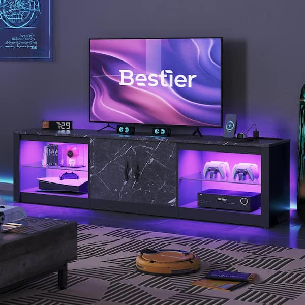 Bestier 70 in. Black Marble TV Stand Fits TV's Up to 75 in. Entertainment Center with Power Outlets and Cabinets