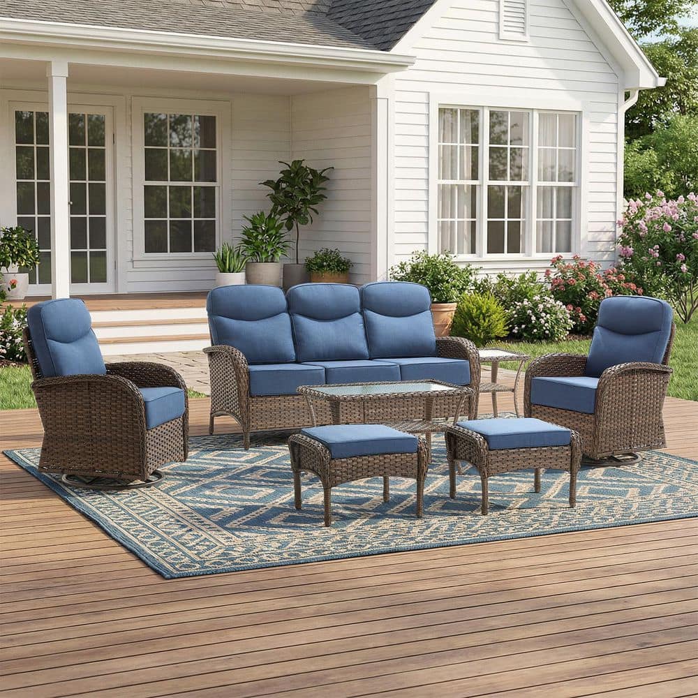 Moonridge 7-Piece Brown Wicker Patio Conversation Set with 6 in. Olefin Blue Cushions/Patio Swivel Chairs with Sofa price history on PriceWatchPro