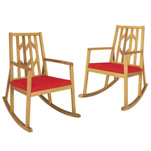 Wood Outdoor Rocking Chair Acacia Wood Armrest with Red Cushions (2-Pack)