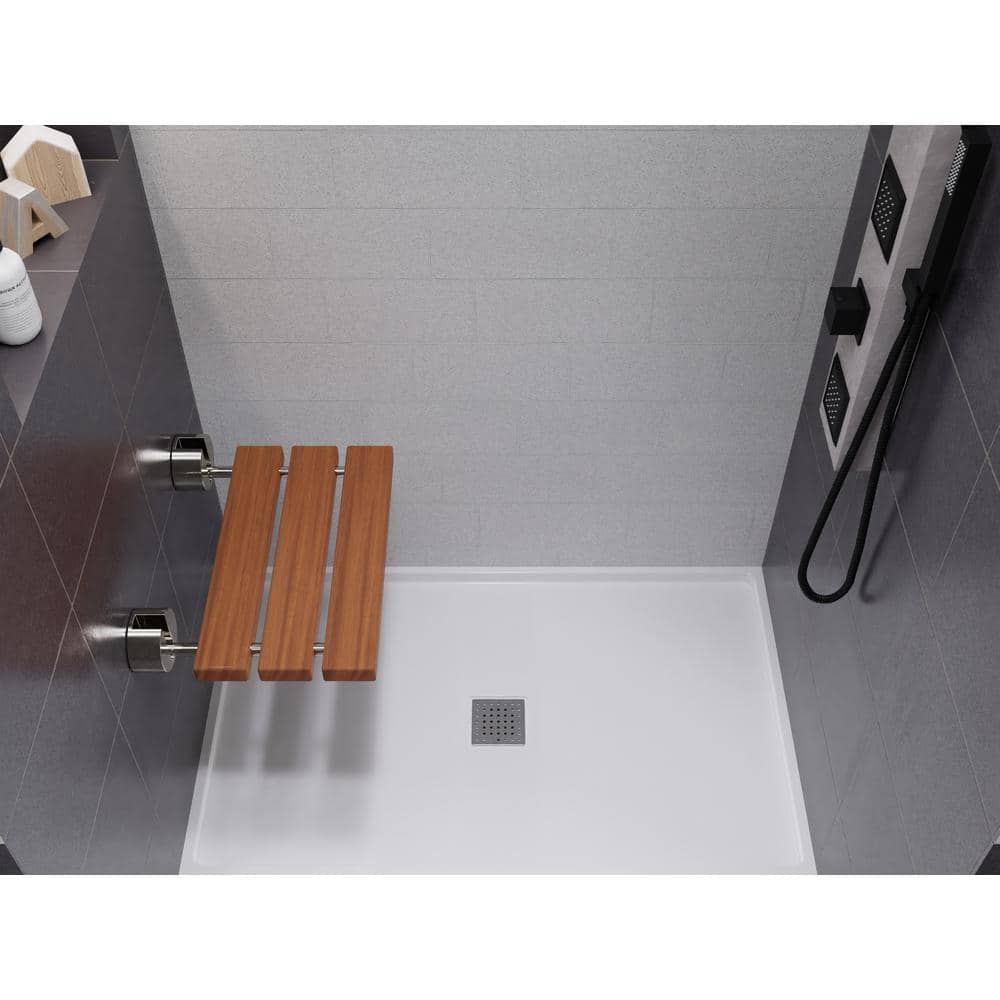 Natural Teak Wood Wall Mounted Folding Shower Bench with Polished Chrome Finish