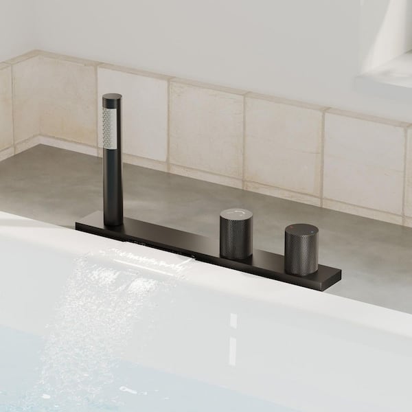 Waterfall 2-Handle 2-Spray Tub Deck Mount Roman Tub Faucet with Hand Shower in Matte Black (Valve Included)