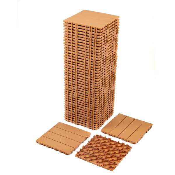 GOGEXX 12 in. W x 12 in. L Outdoor Striped Square Polypropylene Interlocking Deck Tiles (44-Pack) in Natural Wood Color