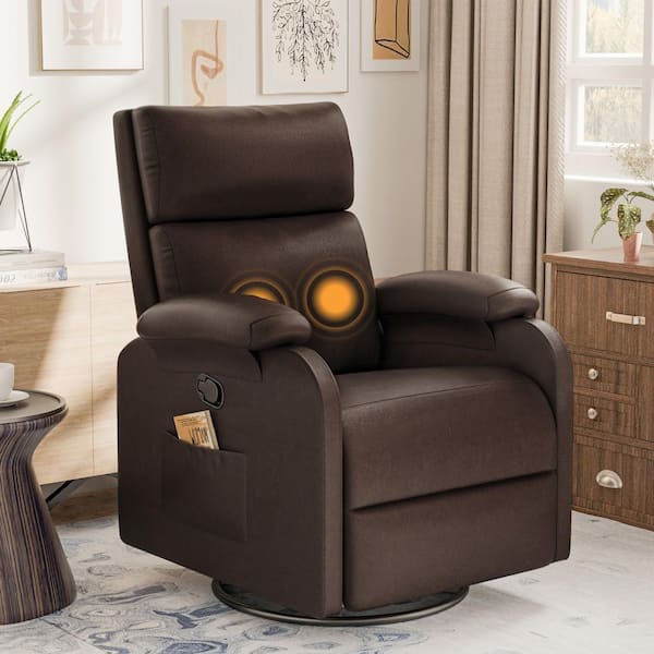 Brown PU Leather Recliner Chair, 360° Swivel Recliner with Massage, Lazy Recliner Single Sofa with Side Pockets