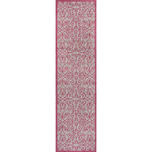 Madrid Vintage Filigree Textured Weave Light Gray/Fuchsia 2 ft. x 10 ft. Indoor/Outdoor Runner Rug