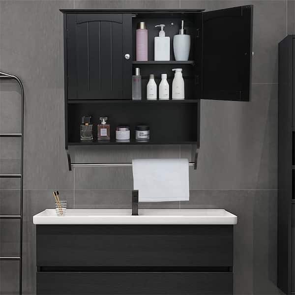 Dracelo 23.6 in. W x 8.9 in. D x 29.3 in. H Espresso Bathroom Over The Toilet Cabinet with Adjustable Shelves and Towels Bar, Brown