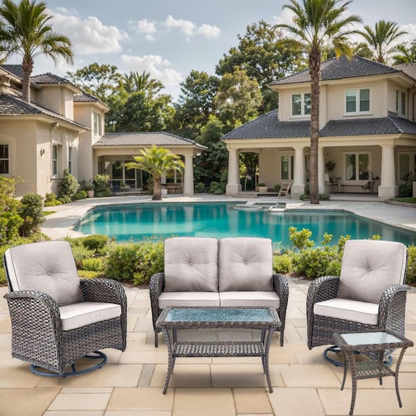 moosprr Flatarmrest 5-Piece Brown Wicker Patio Conversation Set with Olefin Beige Cushion/Loveseat/Patio Swivel Glider Chairs