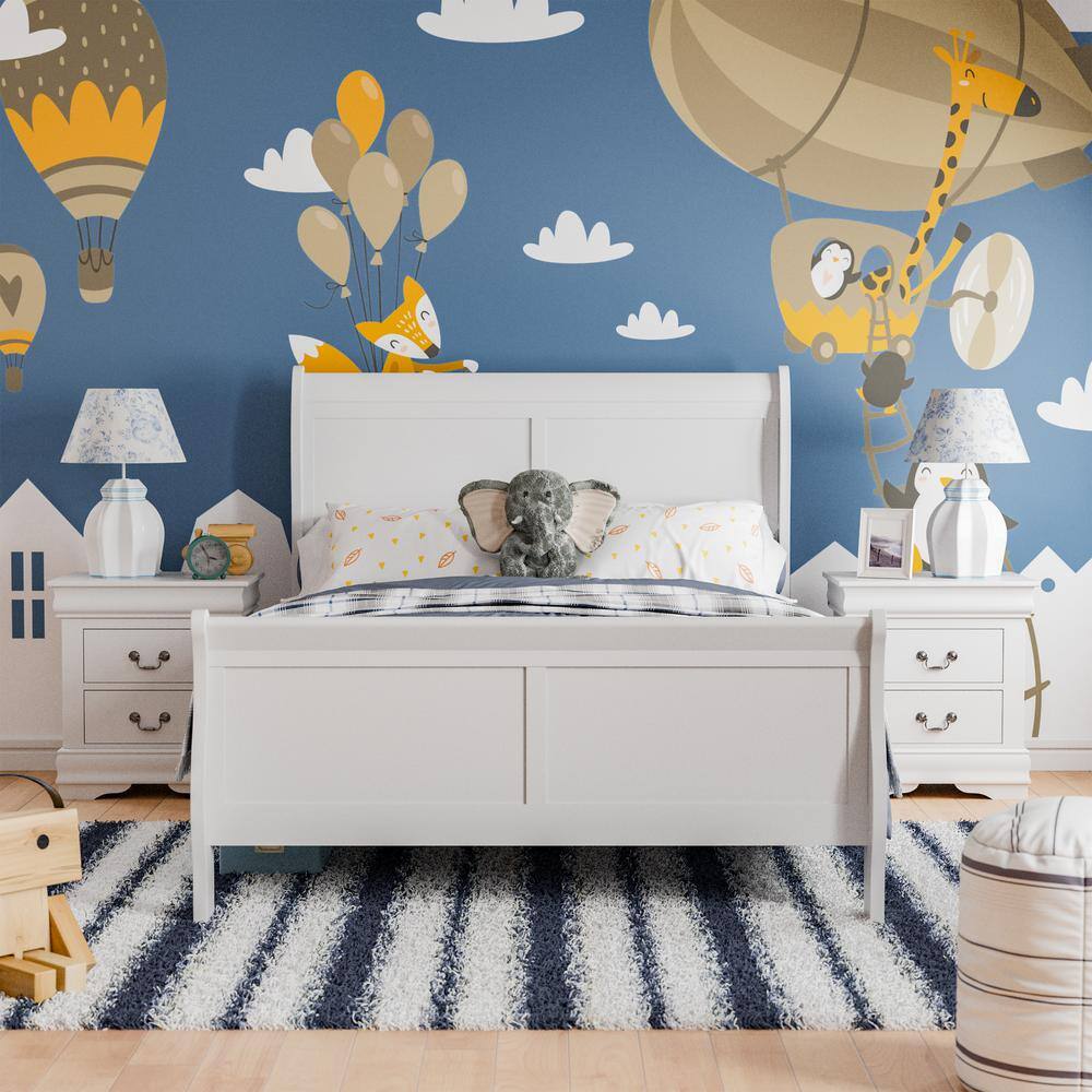 White Traditional Wood Sleigh Full Bed Frame with Headboard and Footboard