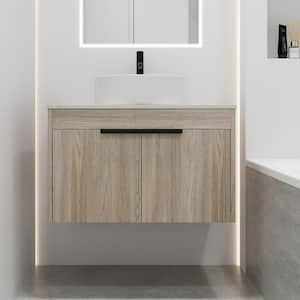 30 in. W x 19 in. D x 23 in. H Floating Bath Vanity in White Oak with White Engineered Stone Composite Top and Sink