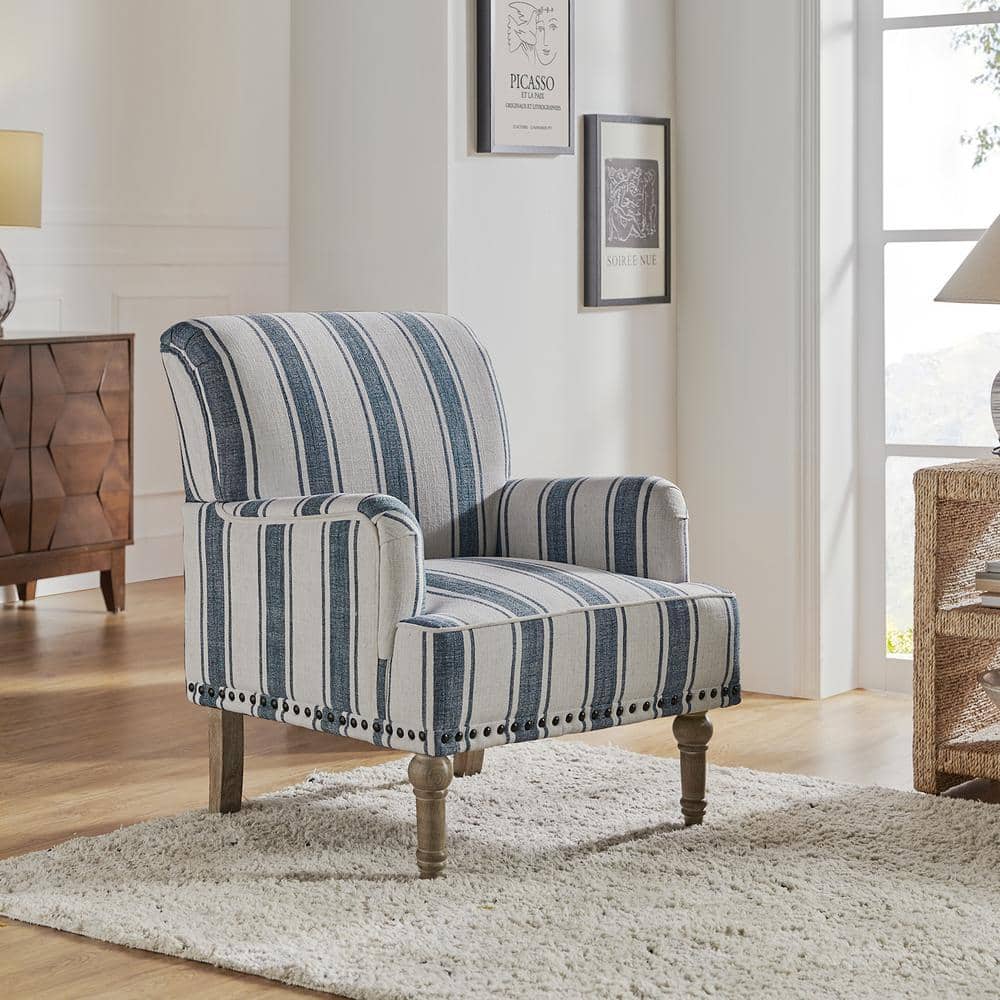 Navy and White Striped Polyester Accent Chair with Wooden Legs