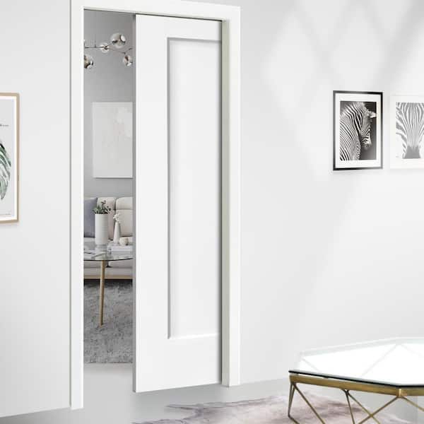 36 in. x 80 in. White Painted Composite MDF 1Panel Interior Sliding Door with Pocket Door Frame and Hardware Kit