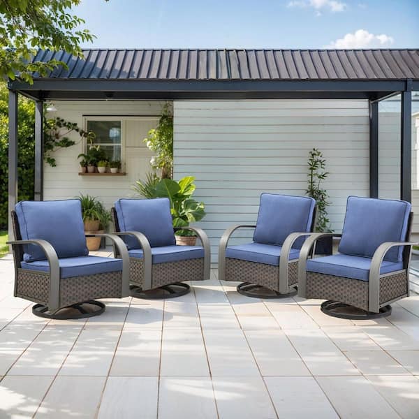 ArcMetal Brown Wicker Outdoor Rocking Chairs, Patio Swivel Gliders with Navy Blue Cushions for Porch or Balcony (4-Pack)