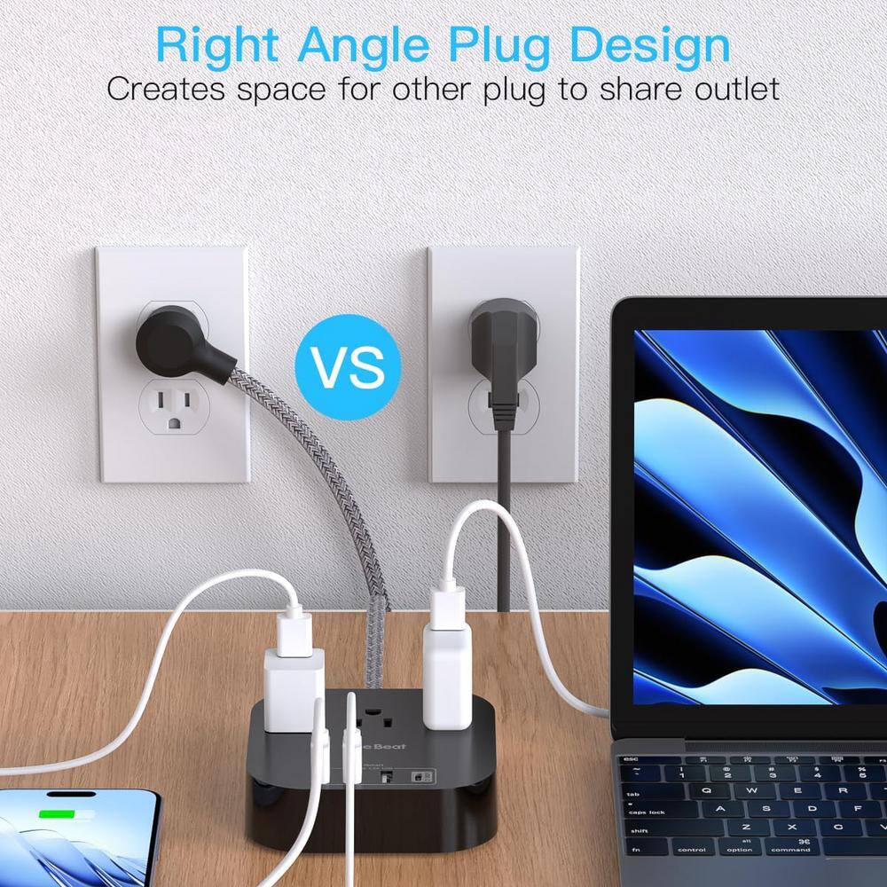 Black 10ft Braided Cord Power Strip with USB-C and USB-A Ports