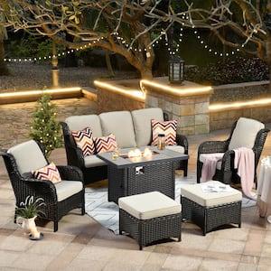Moonset Brown 6-Piece Wicker Outdoor Patio Rectangular Fire Pit Seating Sofa Set and with Beige Cushions