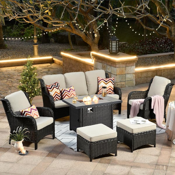 XIZZI Moonset Brown 6-Piece Wicker Outdoor Patio Rectangular Fire Pit Seating Sofa Set and with Beige Cushions