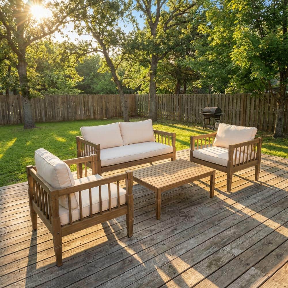 4-Piece Acacia Wood Outdoor Patio Conversation Set, with Thick Beige Cushion price history on PriceWatchPro
