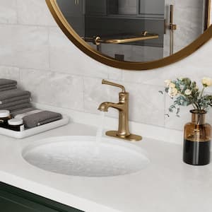 Single Handle Vessel Sink Faucet Single Hole Bathroom Faucet with Waterfall and Deck Plate in Brushed Gold