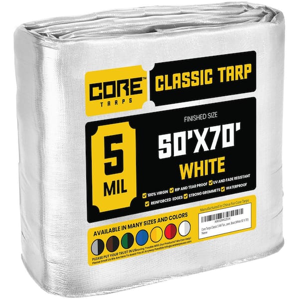 CORE TARPS 50 ft. x 70 ft. White 5 Mil Heavy Duty Polyethylene Tarp, Waterproof, UV Resistant, Rip and Tear Proof