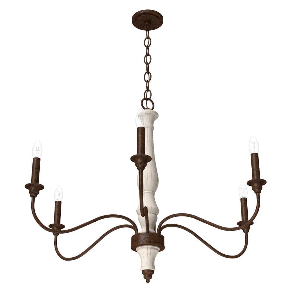 Distressed White Metal 6-Light Candle Chandelier