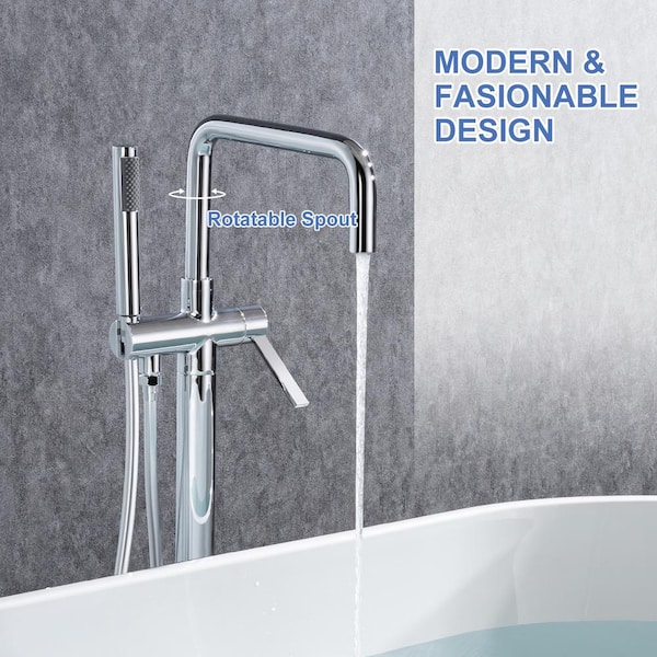 Single-Handle High-Arc Swivel Spout Freestanding Floor Mount Tub Faucet with Hand Shower in Chrome