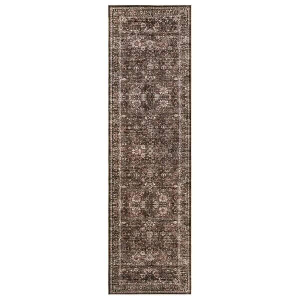 Vintage Floral Chestnut Brown Machine Washable Non-Slip Backing 2 ft. x 12 ft. Brown Area Rug