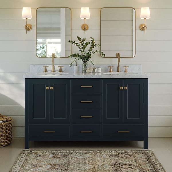 ARIEL Cambridge 61 in. W x 22 in. D Vanity in Midnight Blue with Marble ...