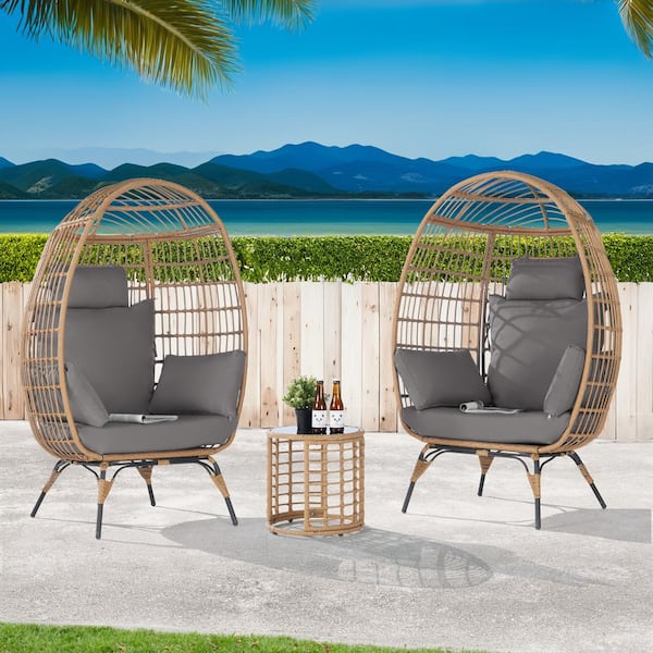 BFB 3-Piece Wicker Round Side Table Outdoor Bistro Set Wicker Egg Chair with Gray Cushion