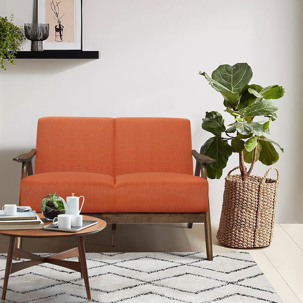 Retro Orange Fabric and Walnut Wood Loveseat with Sloped Arms